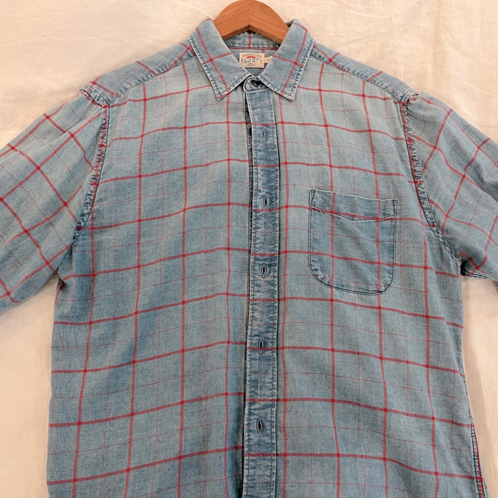 Faherty Light Blue and Red Checkered Chambray Shirt
